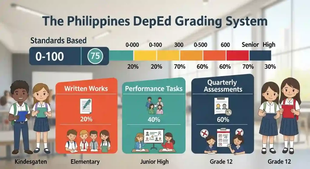Infographic of Philippines DepEd K-12 grading system: 0-100 scale (75 passing), weights for Written Works, Performance Tasks, Quarterly Assessments, descriptors, and promotion rules.