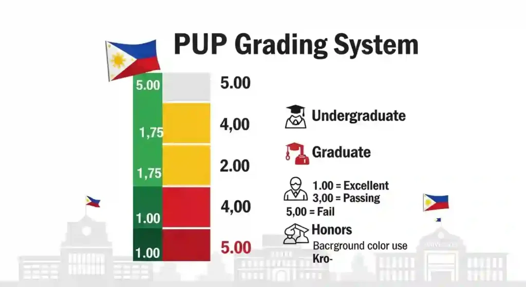 PUP grading scale infographic 1.00-5.00 vertical chart (green 1.00 Excellent to red 5.00 Fail), undergradgrad icons, honors levels for Philippines students.