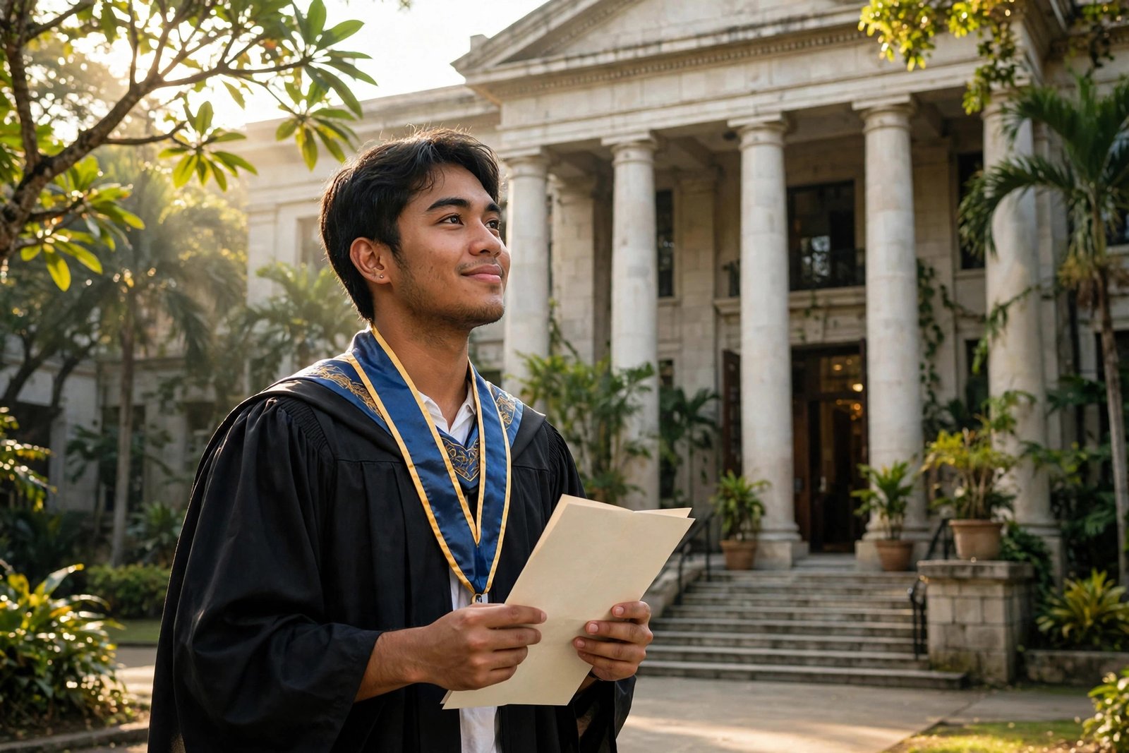 Filipino graduate with a US transcript walking toward a Philippine university building