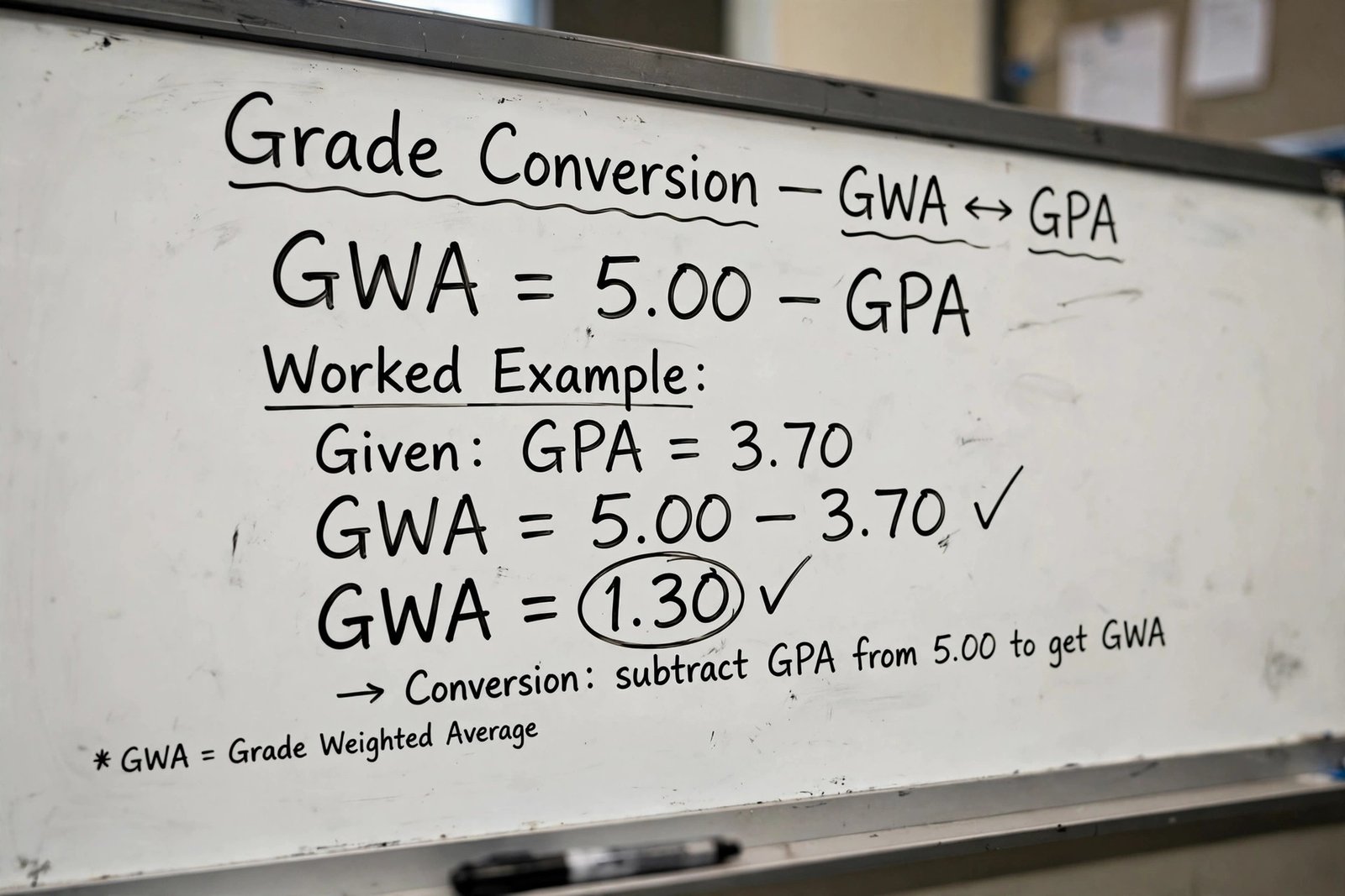 Whiteboard showing the GWA equals 5 minus GPA formula with a worked conversion example