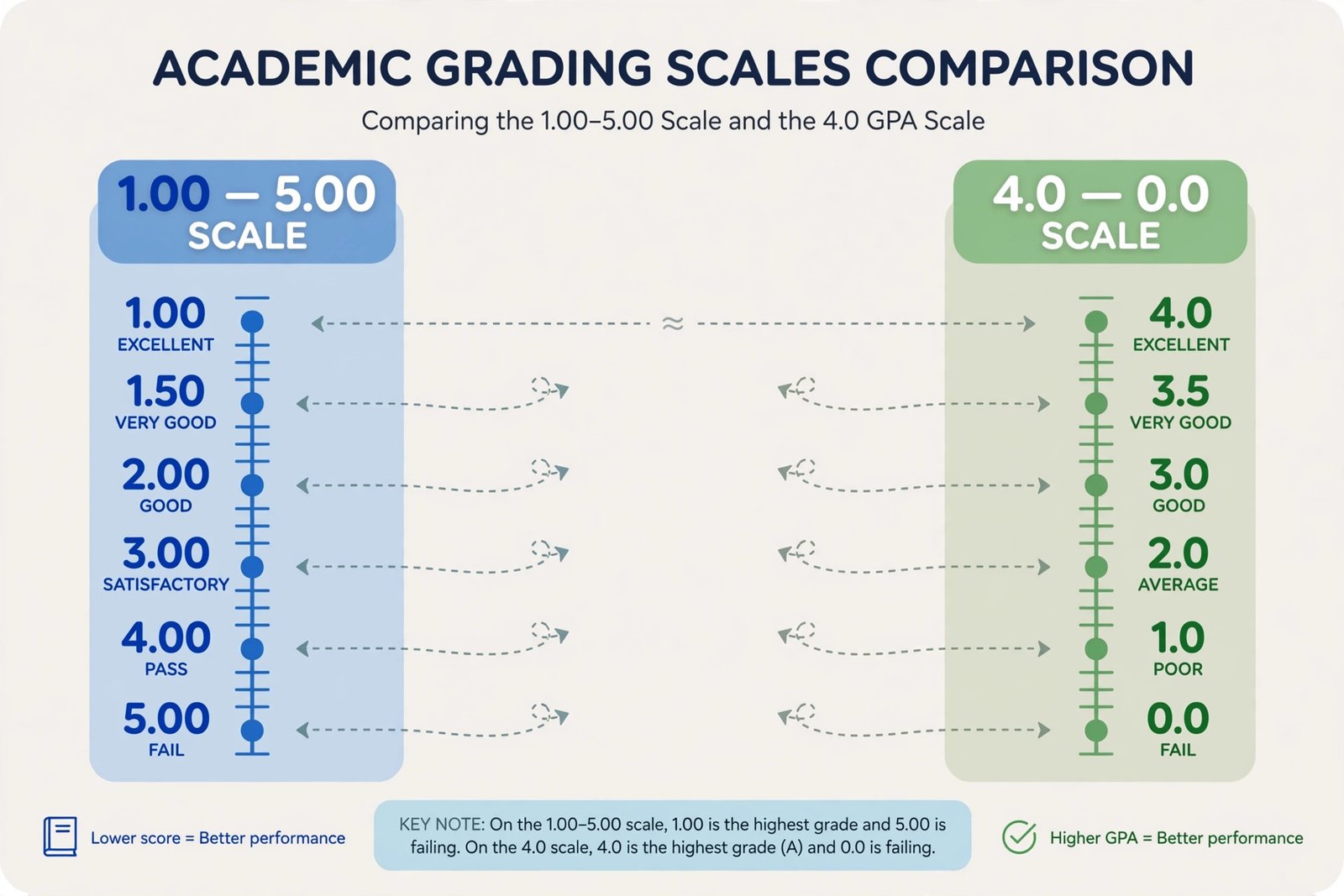 Side-by-side comparison of the Philippine 1.00 to 5.00 grading scale and the US 4.0 GPA scale