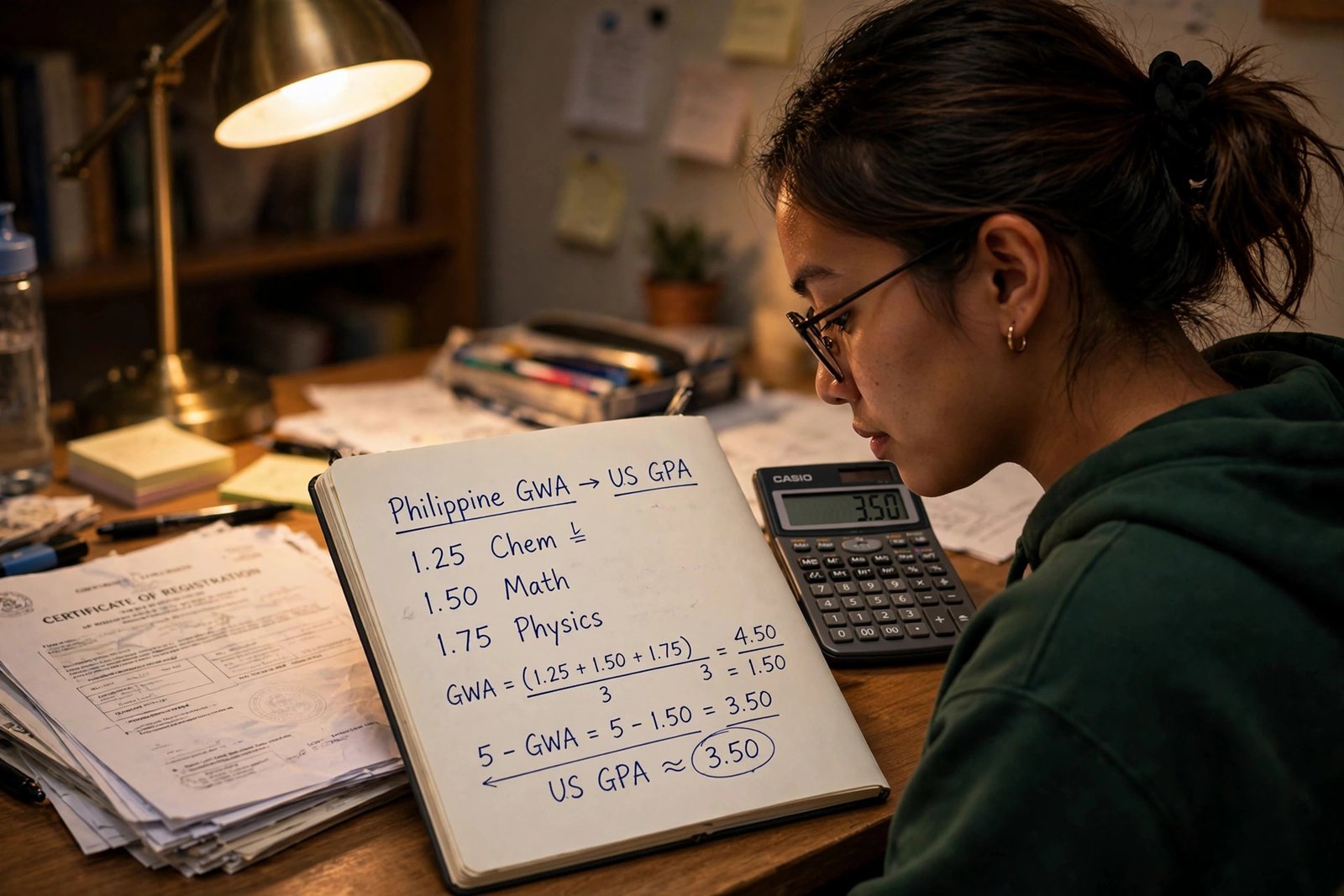Filipino student converting Philippine GWA grades to US GPA with notebook calculations