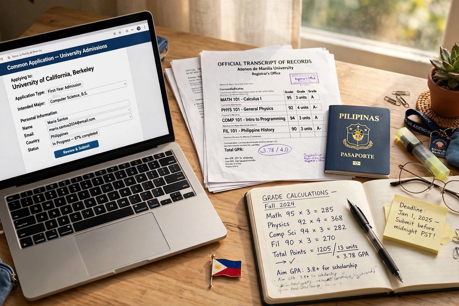 Filipino student's desk with US university application, transcript and passport