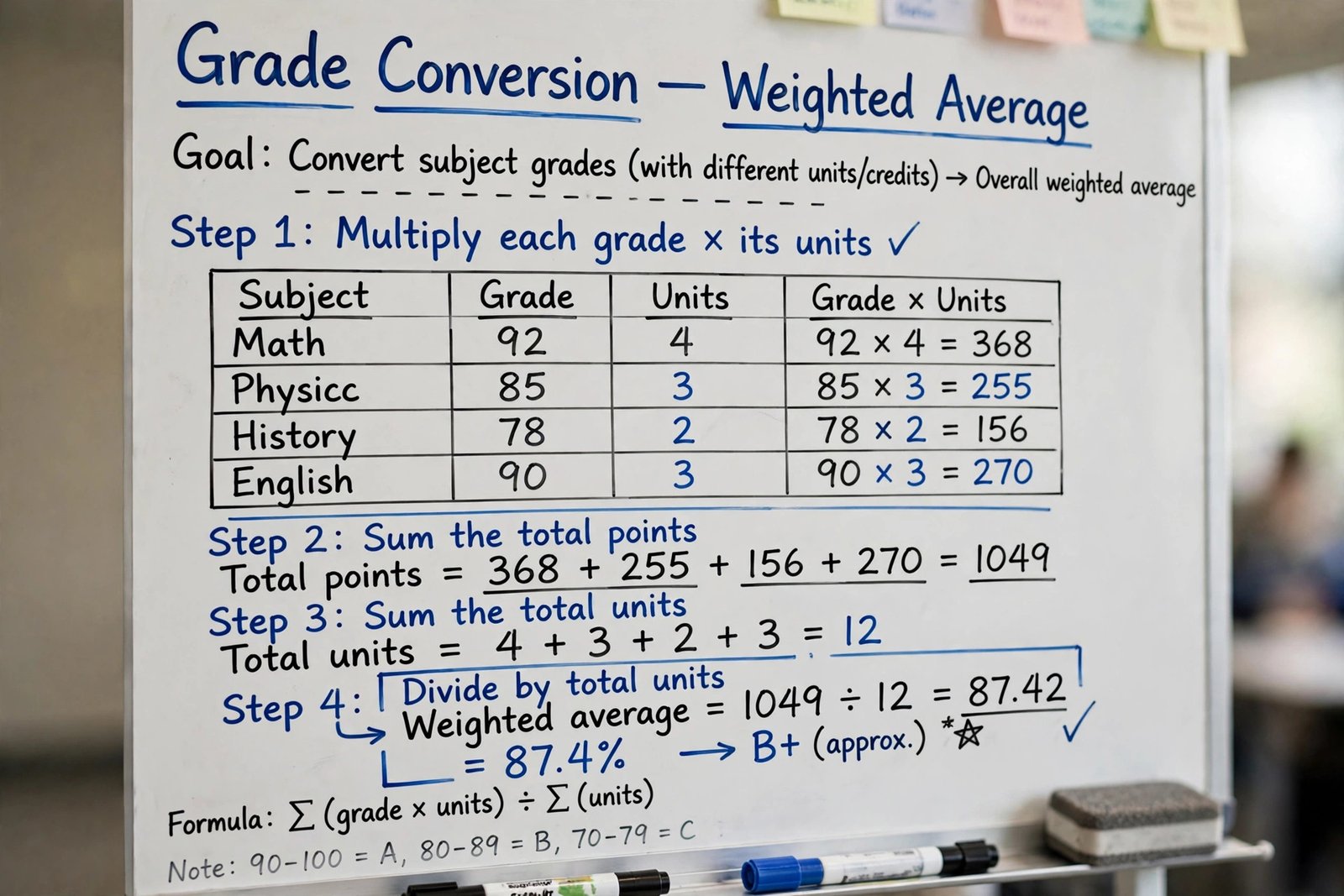 Whiteboard showing step-by-step weighted average grade conversion math