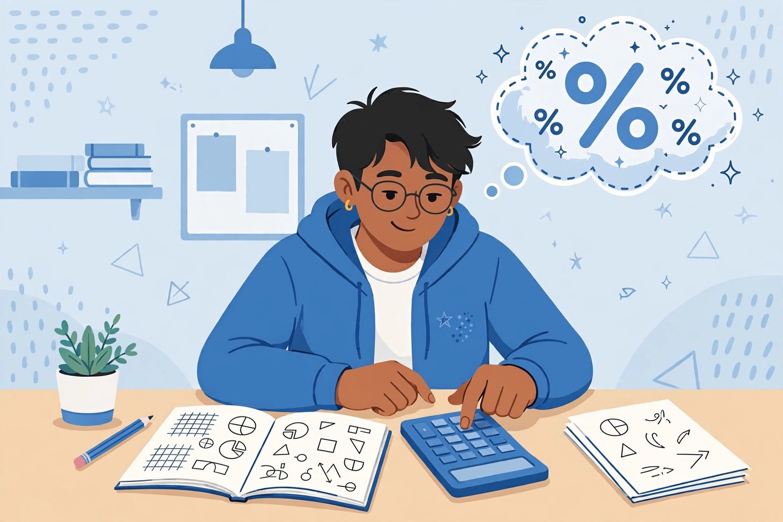 Filipino student with glasses pressing a calculator at a study desk, with a thought bubble full of percentage symbols above