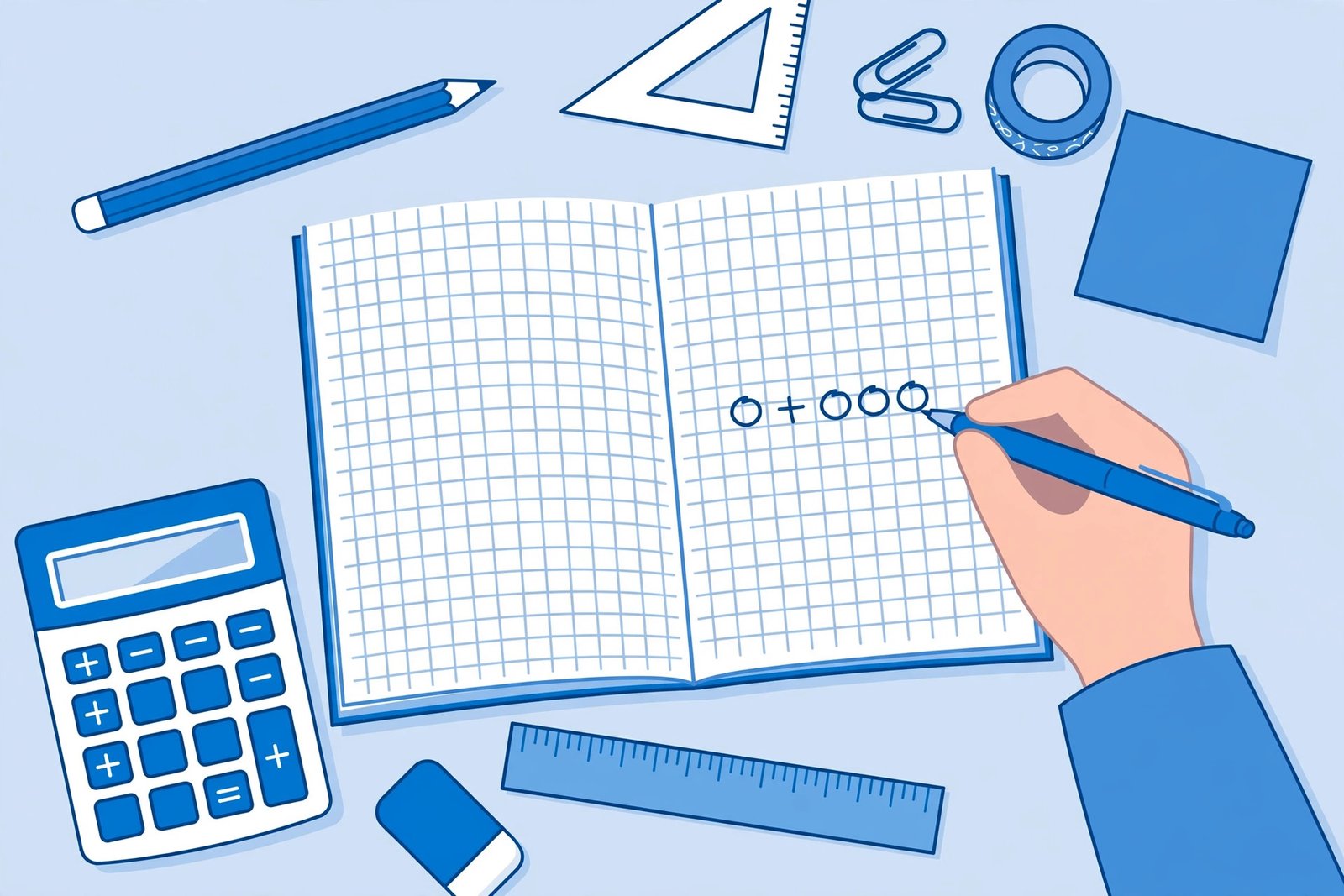 Hand writing a math formula in a grid notebook surrounded by a calculator, ruler, pencil, and school supplies in blue tones