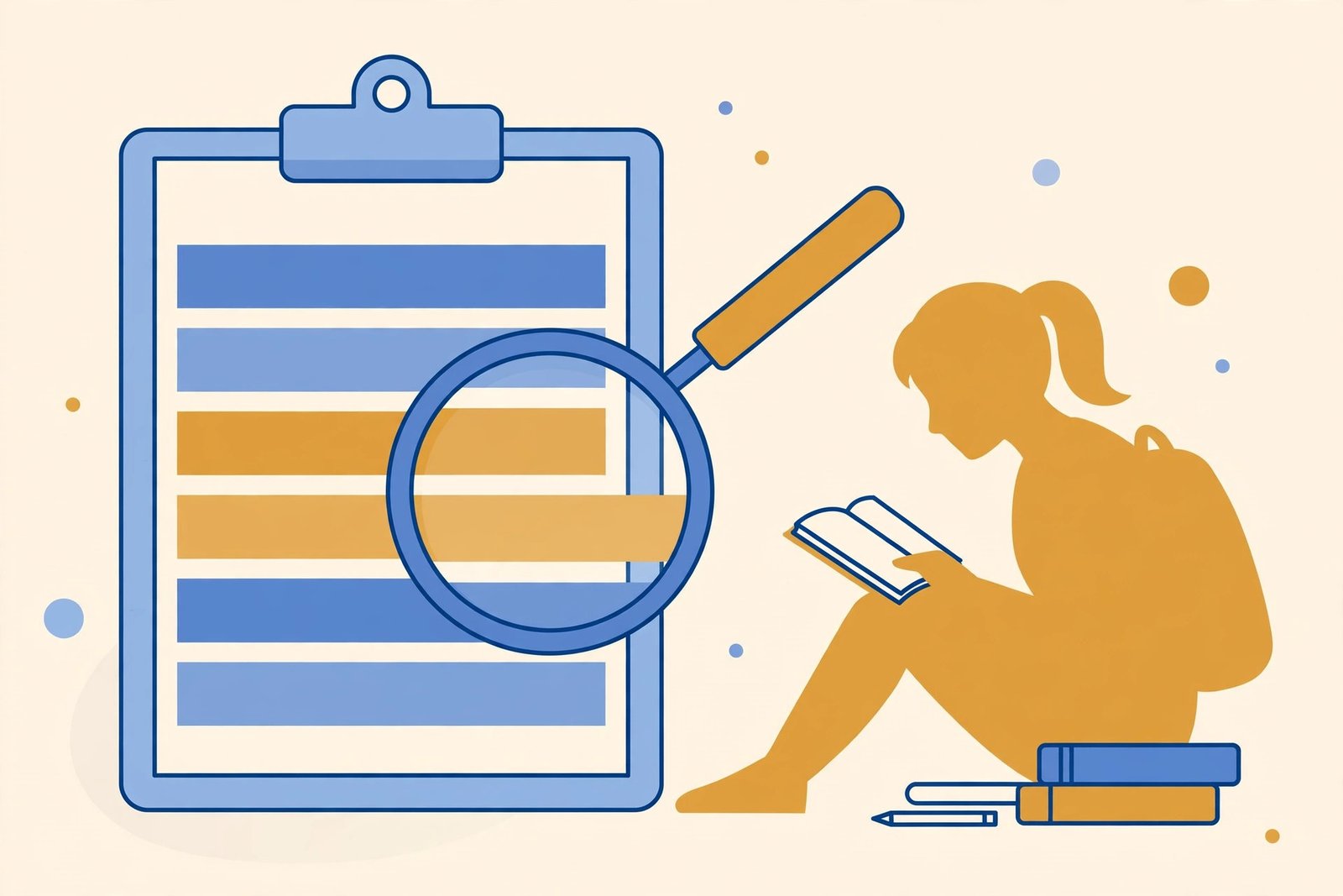 Clipboard holding a grade conversion chart with rows of grade bands and a magnifying glass over one row, beside a student silhouette reading a book
