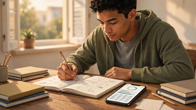 Filipino college student calculating GWA grades in a notebook with a smartphone grade calculator beside