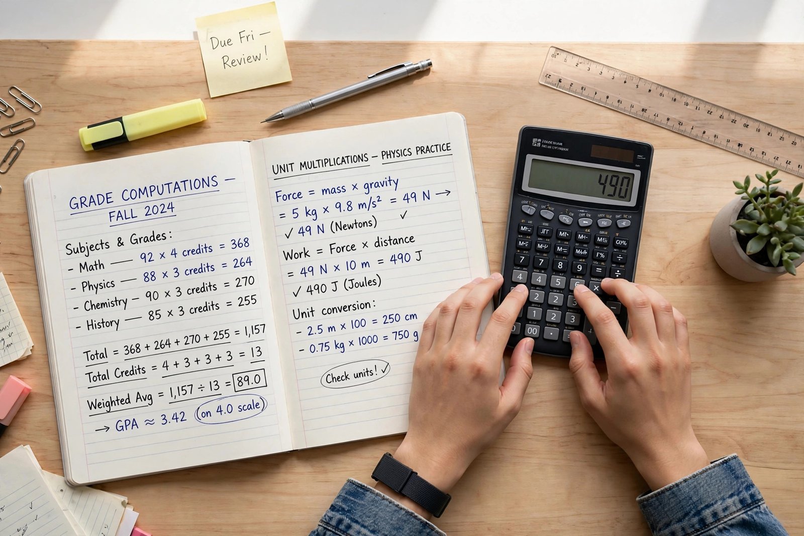 Student computing GWA with a calculator and notebook showing grade computations