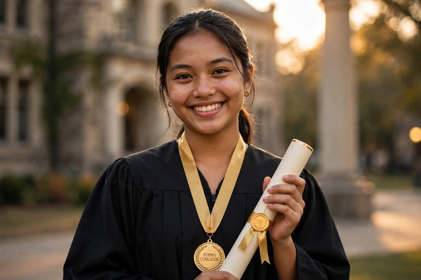 Filipina graduate wearing a summa cum laude medal and holding her diploma