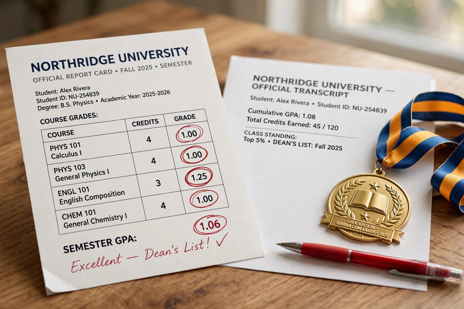 Report card showing excellent 1.00 grades circled with a summa cum laude medal