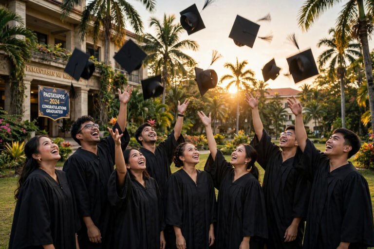 Filipino university graduates celebrating at a graduation ceremony