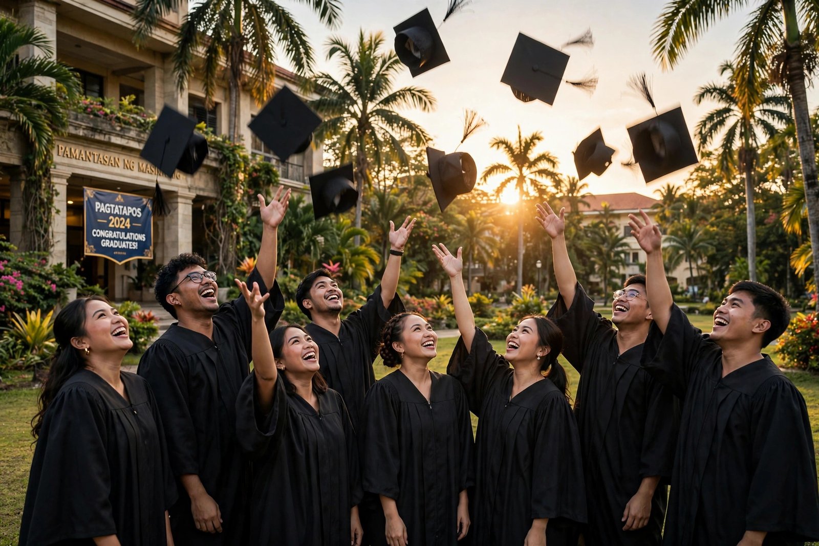 Filipino university graduates celebrating at a graduation ceremony