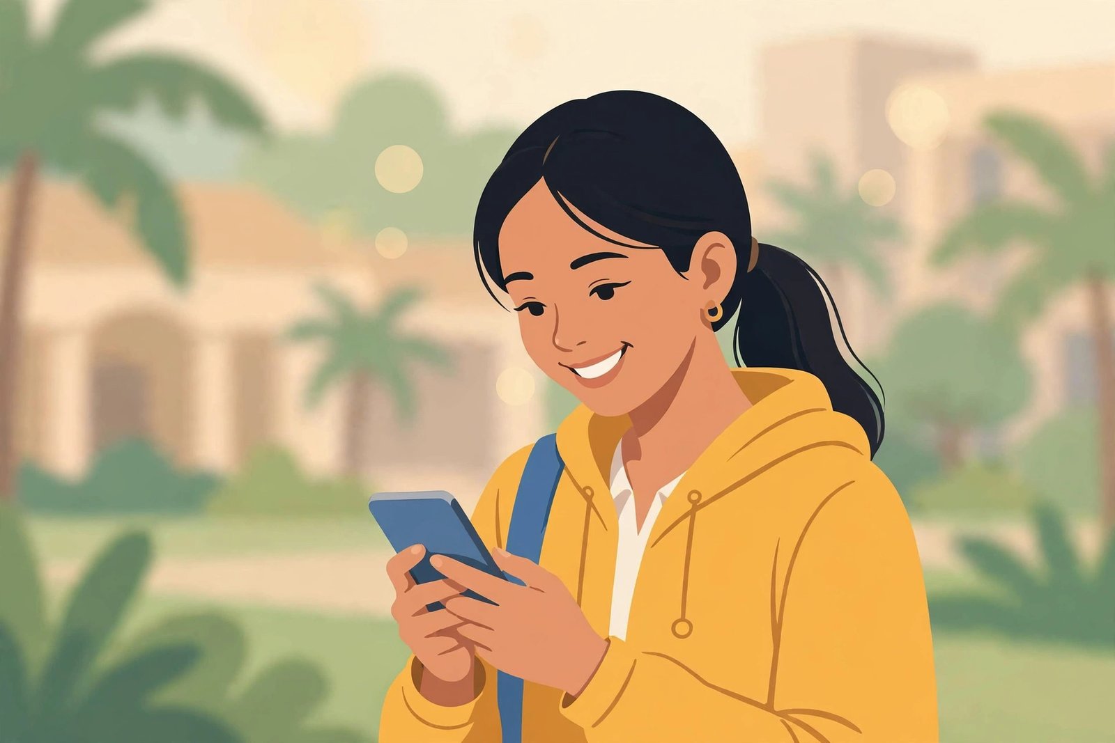 Filipino college student checking her GWA on a phone, with a 1.00 to 5.00 scale illustration